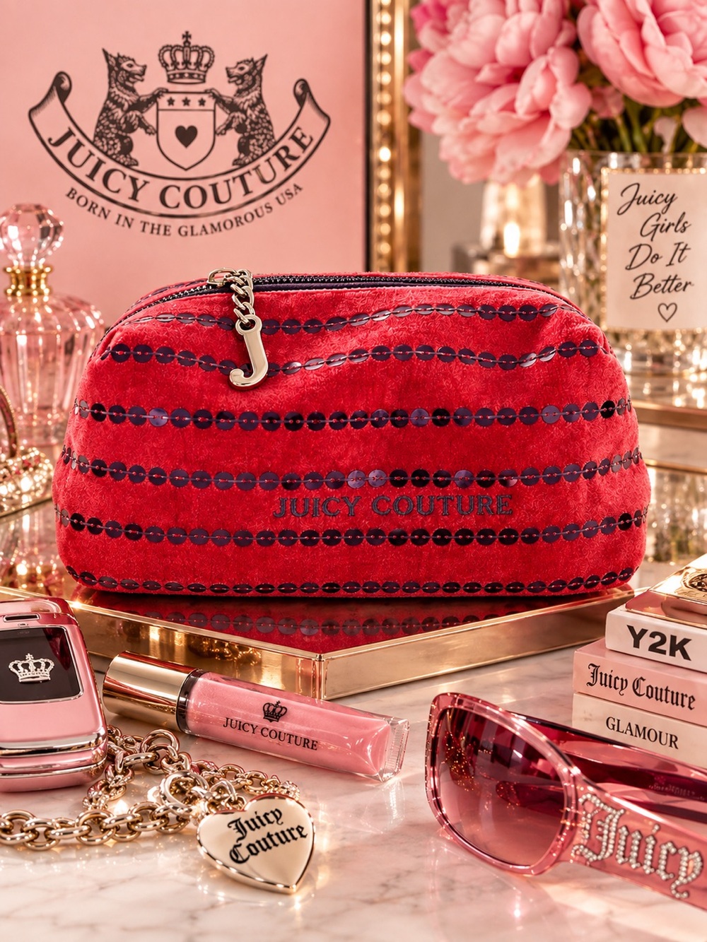 Juicy Couture 2012 Velour Sequin Cosmetic Bag Red Purple Y2K McBling J Pull Glam